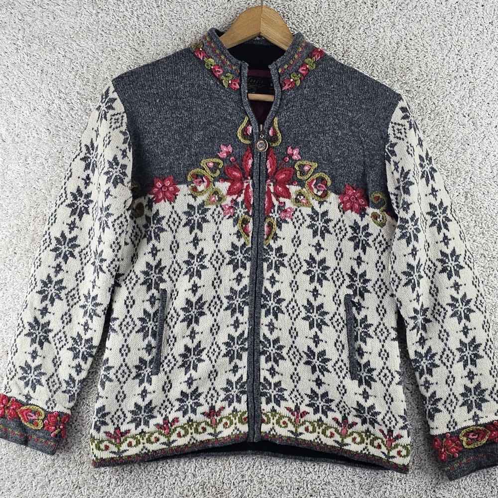 Vintage Icelandic Design Wool Nordic Snowflake Floral Embroidered Cardigan Sz S